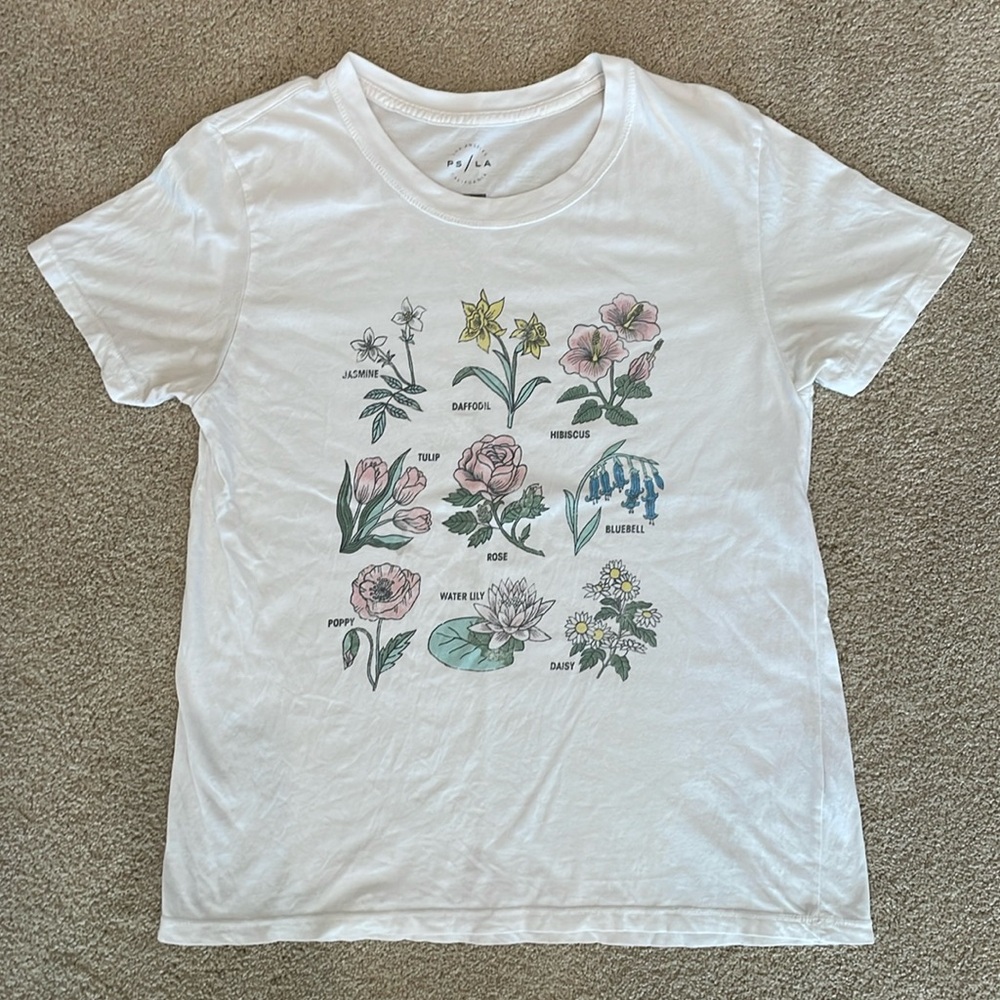 Pacsun LA white tshirt with flowers, pastels, women’s M (small spot)